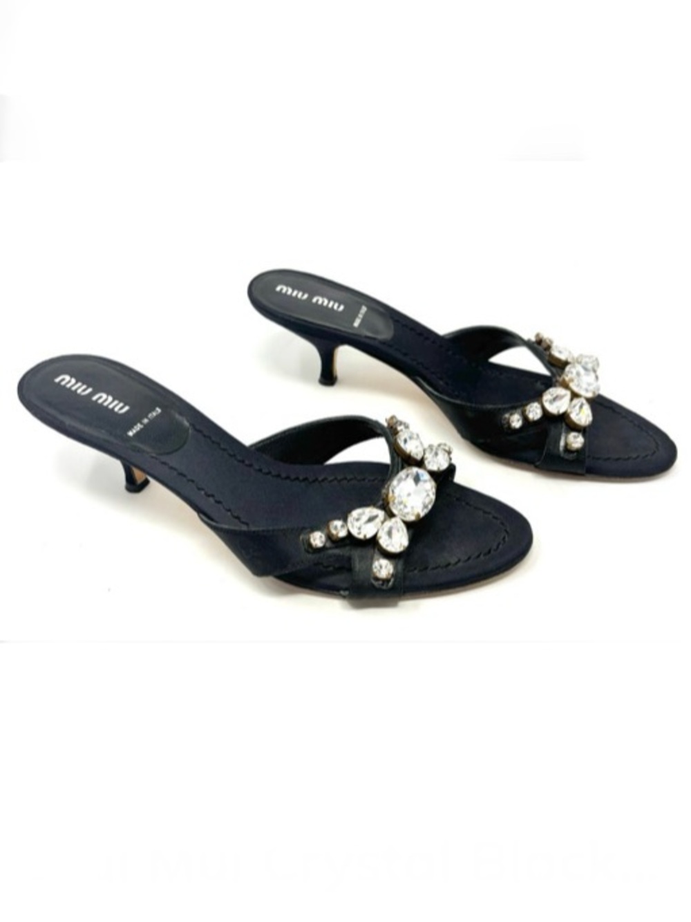 Miu Miu Crystal Black Satin Kitten Heels Mules Y2K Vintage 38.5